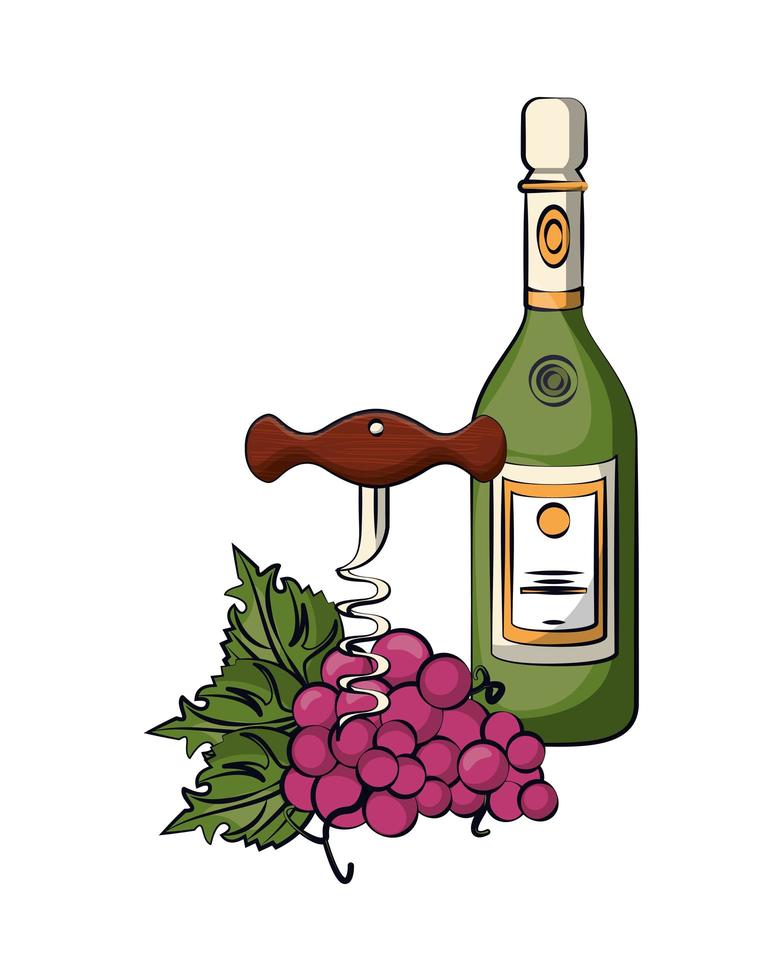 wijnfles met kurkentrekker en druiven vector
