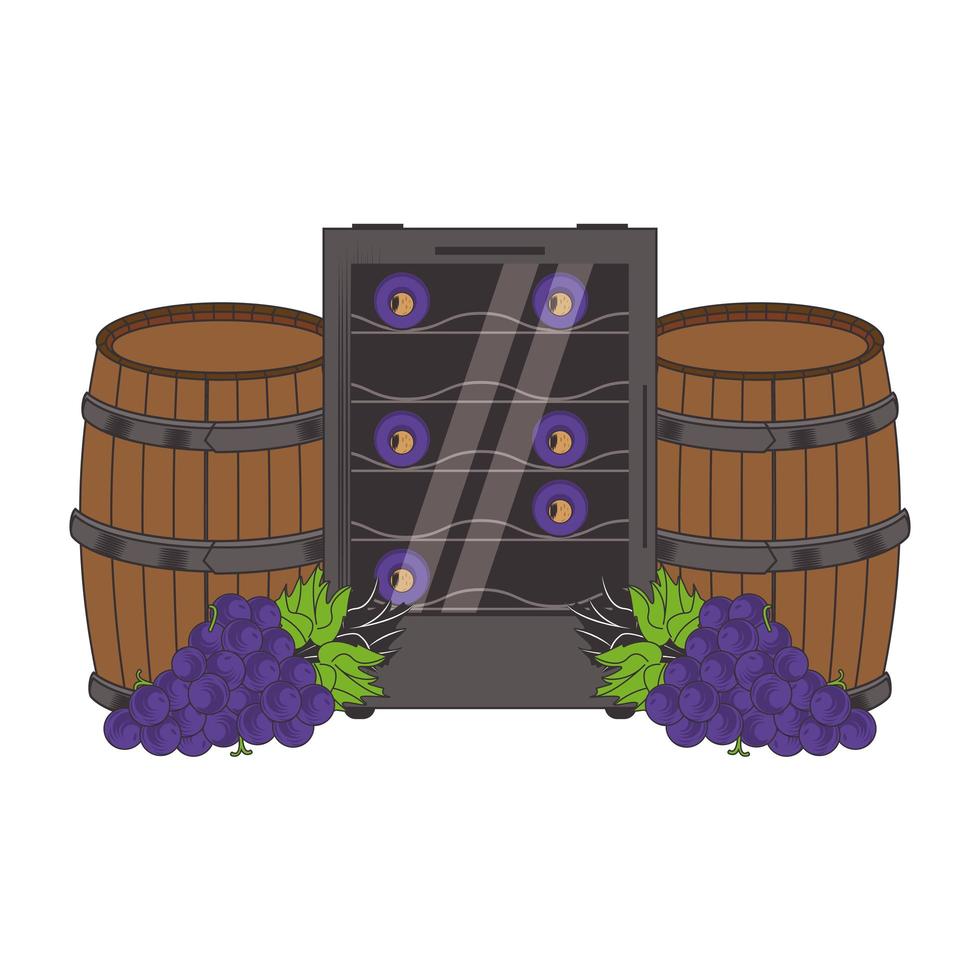 wijn houten vat en tros druiven ontwerp vector