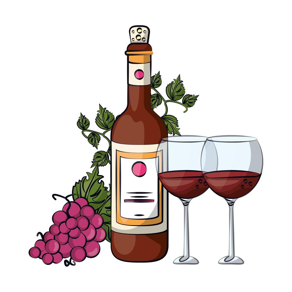 wijnbeker en fles met druiven vector