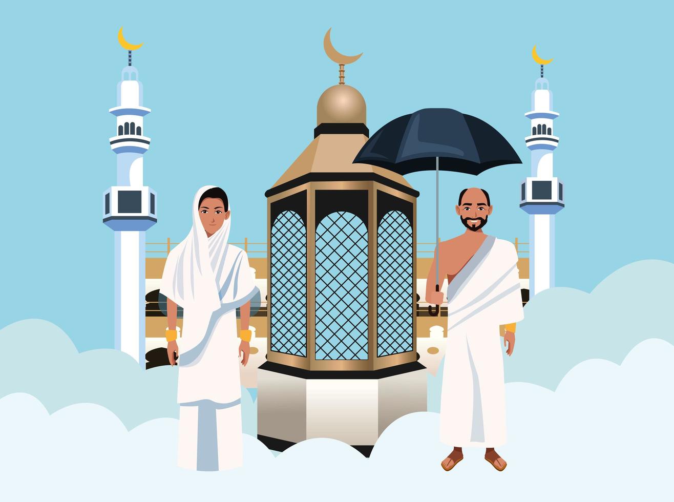 hadj mabrur-viering met mensen en moskee in wolken vector