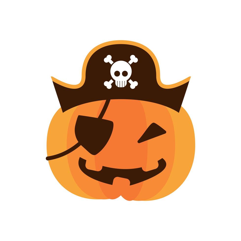 Halloween pompoen met piratenhoed en patch platte stijlicoon vector