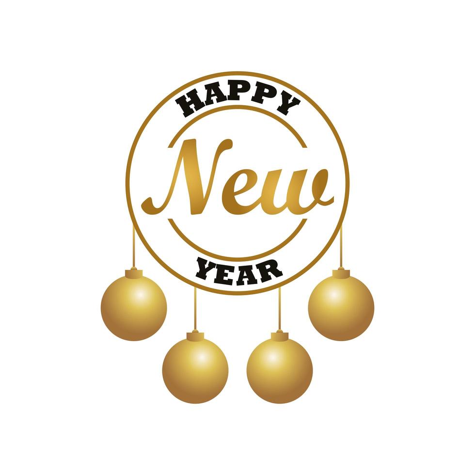 gelukkig nieuwjaar belettering kaart met gouden ballen opknoping circulaire frame vector