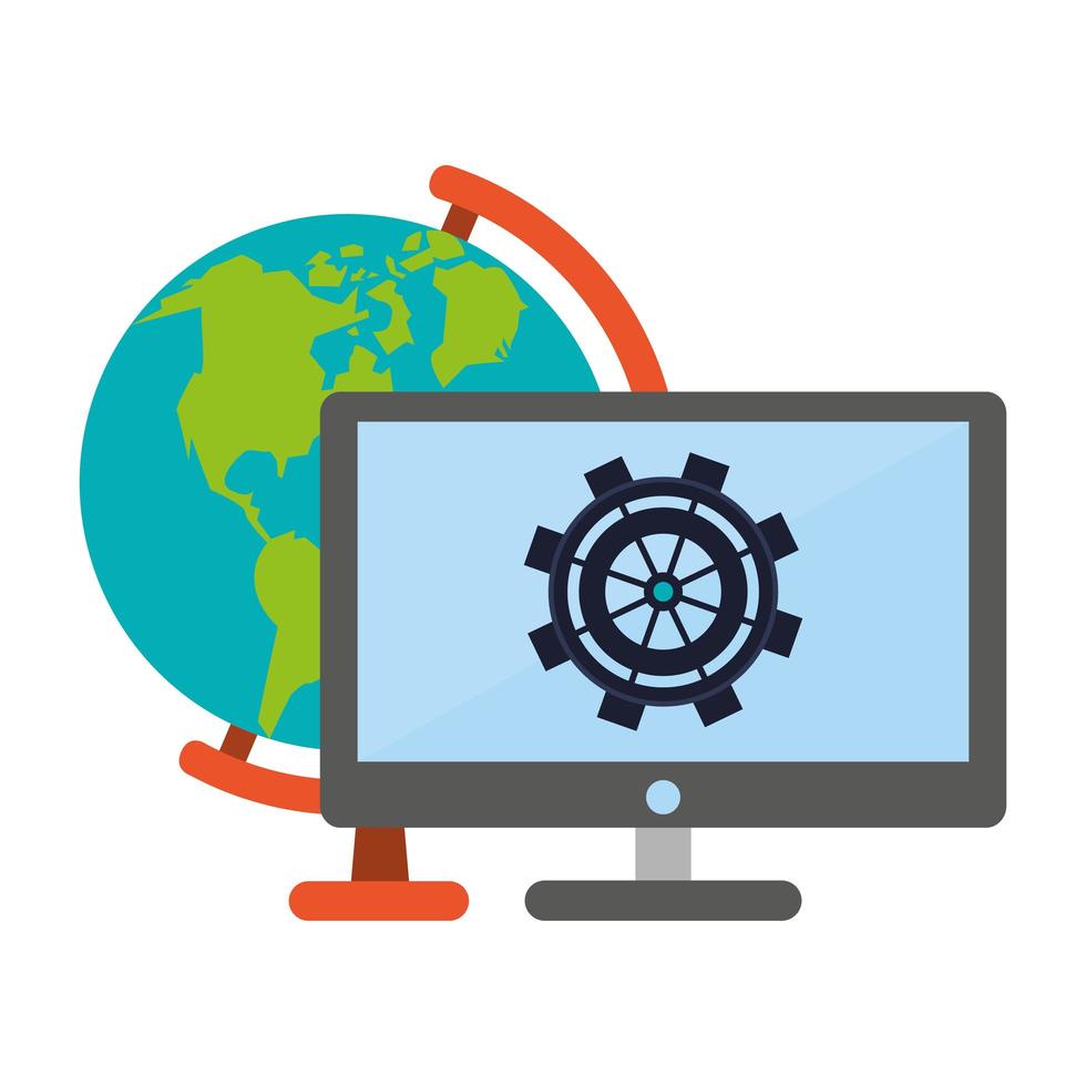 wereldbol en computer met versnellingen vector