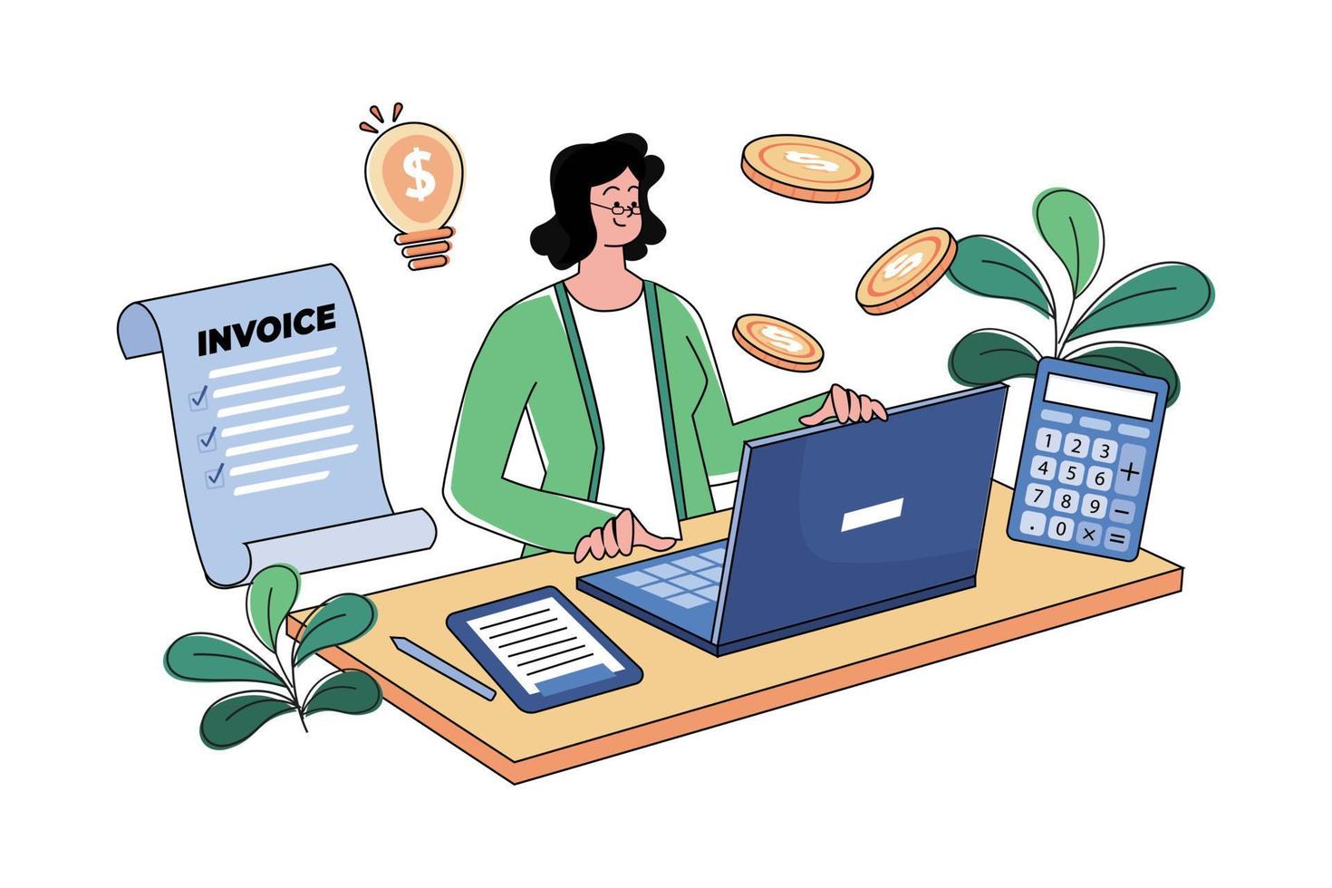 vrouw accountant is controle facturen Bij haar bureau vector