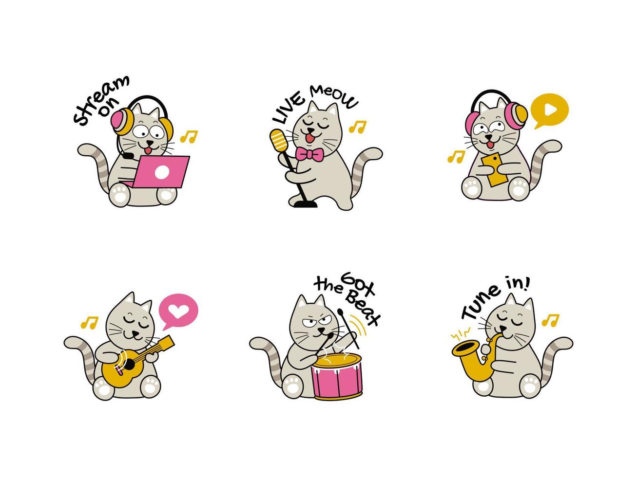 schattig grijs kat streaming muziek- babbelen sticker vector