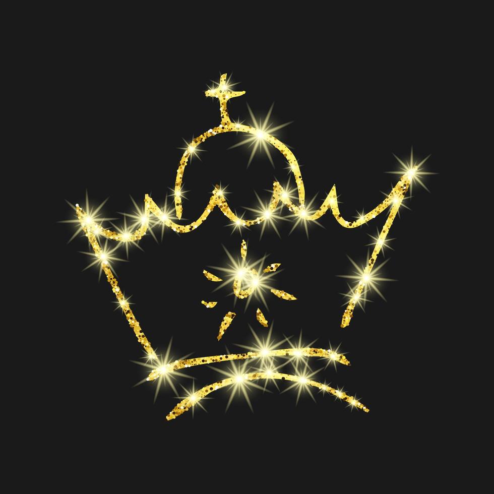 goud schitteren hand- getrokken kroon. gemakkelijk graffiti schetsen koningin of koning kroon. Koninklijk keizerlijk kroning en monarch symbool geïsoleerd Aan donker achtergrond. vector illustratie.