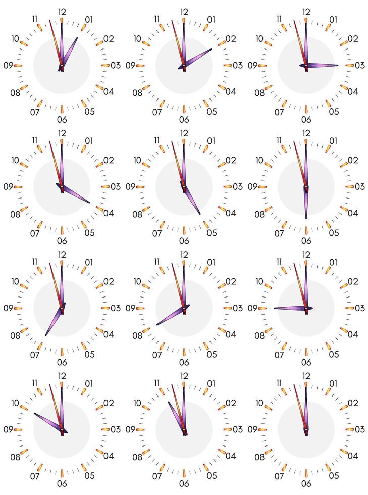 een reeks van mechanisch klokken met een beeld van elk van de twaalf uur. klok gezicht Aan wit achtergrond. vector