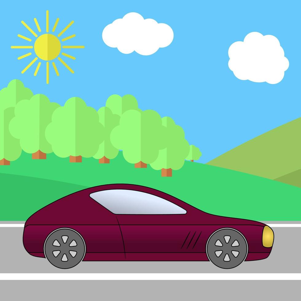 donker rood sport auto Aan een weg Aan een zonnig dag. zomer reizen illustratie. auto over- landschap. vector