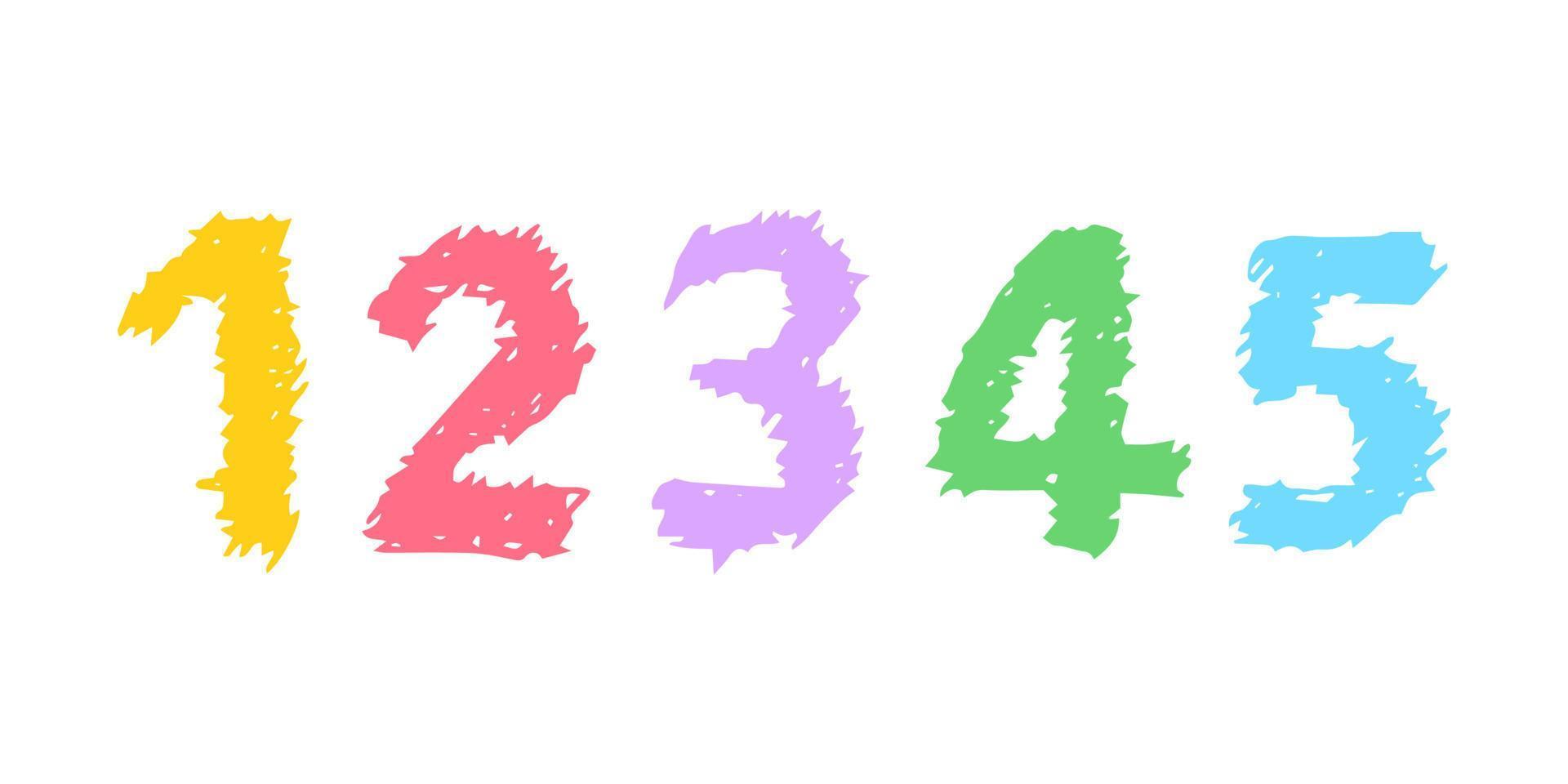hand- getrokken getallen 12345. hoofdletters modern doopvont en lettertype. veelkleurig symbolen Aan wit achtergrond. vector illustratie.