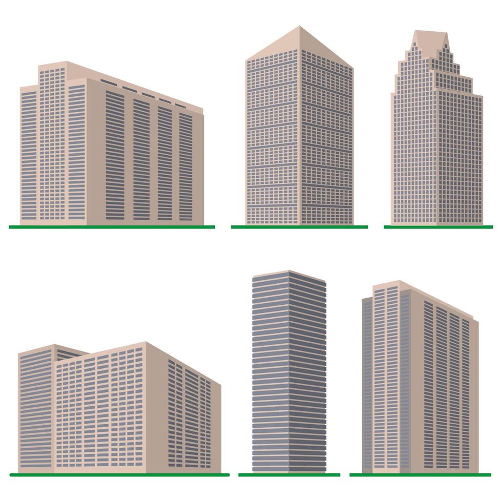 reeks van zes modern hoogbouw gebouw Aan een wit achtergrond. visie van de gebouw van de onderkant. isometrische vector illustratie.