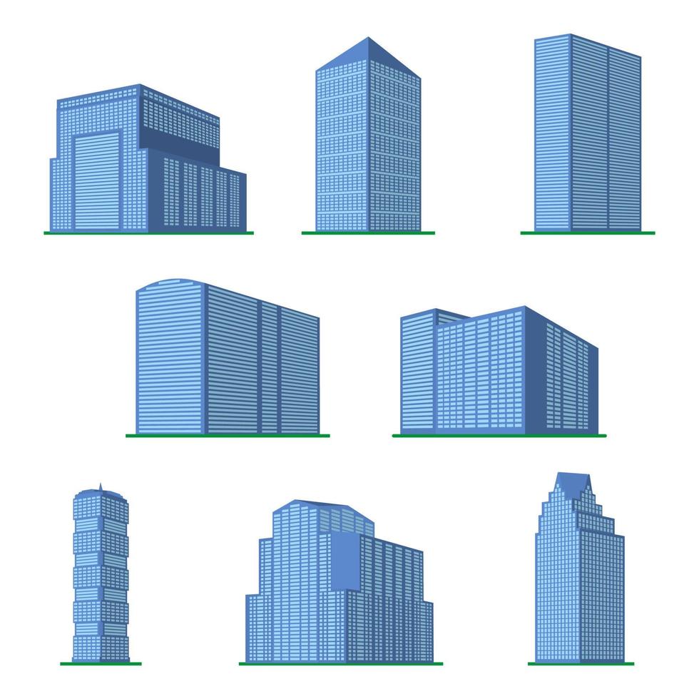 reeks van acht modern hoogbouw gebouw Aan een wit achtergrond. visie van de gebouw van de onderkant. isometrische vector illustratie.