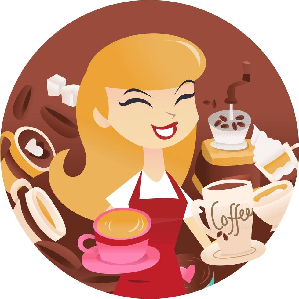 cartoon vrouw koffie ronde frame vector