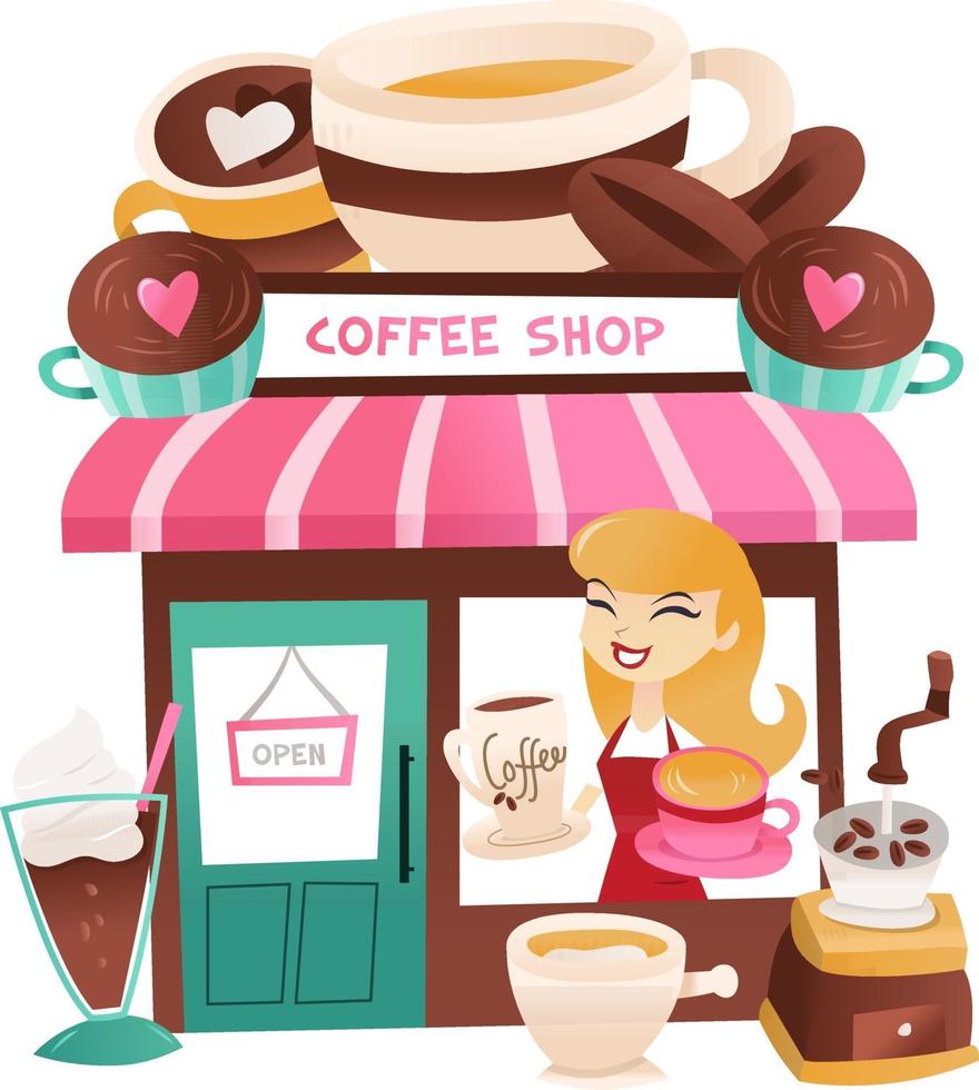 cartoon coffeeshop met winkelier bij het raam vector