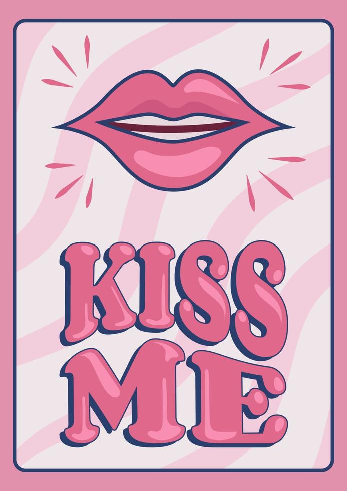 roze vrouw lippen met kus me uitdrukking belettering, groovy poster in Jaren 70 stijl, belettering in groovy stijl, vector banier, poster, kaart met tekst in jaren 70 oud fashioned stijl.