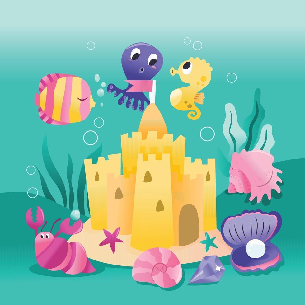 super schattig onderwater zeedieren zandkasteel vector