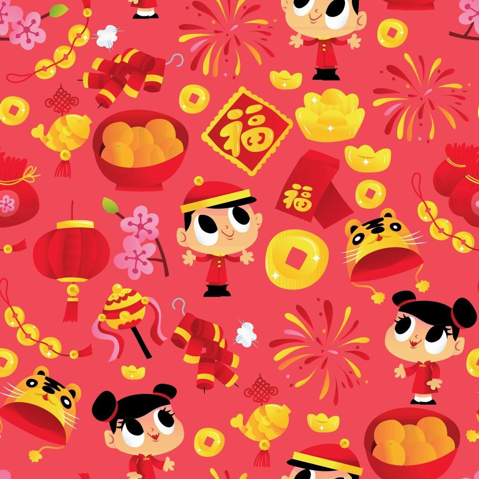 super leuke cartoon gelukkig chinees nieuwjaar naadloze patroon achtergrond vector