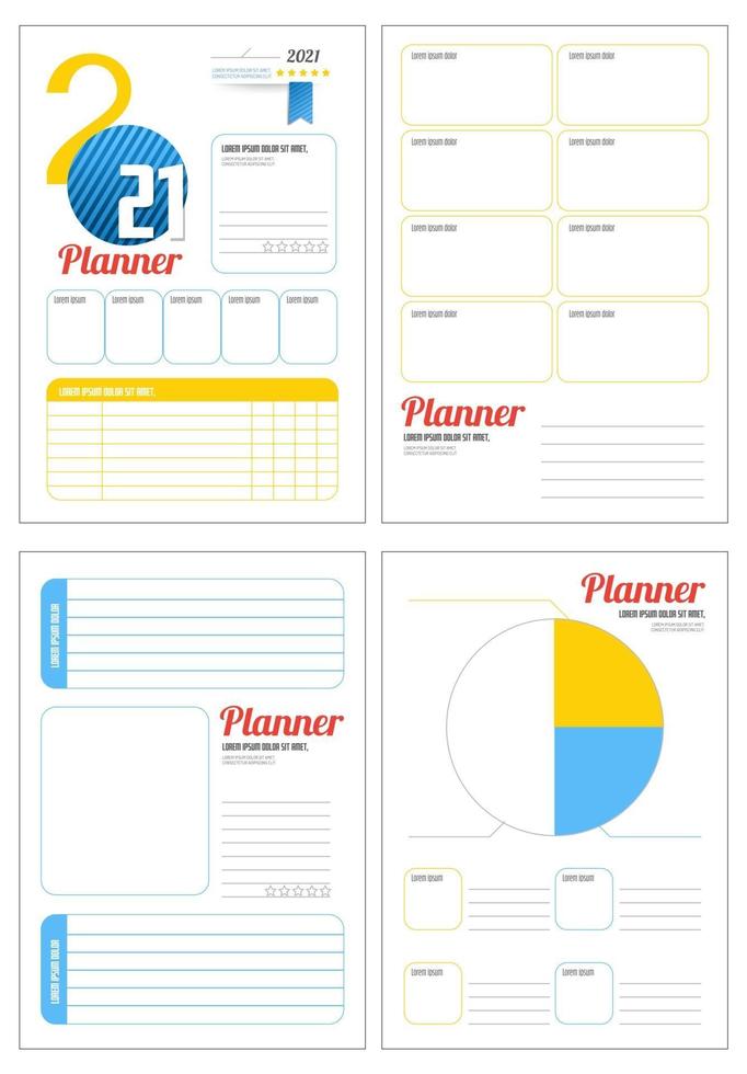 set minimalistische planners 2021. maandelijkse, wekelijkse, dagelijkse plannersjabloon. bedrijfs- en tijdbeheer. vel papier. vector illustratie.