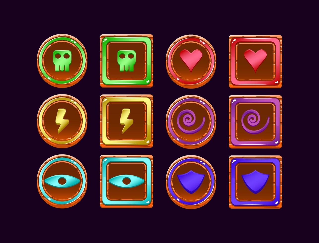 set van game ui houten jelly magic power-up pictogram voor gui asset elementen vector illustratie