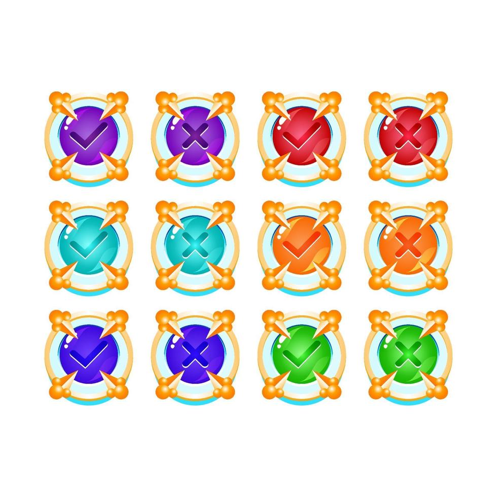 set van ijs middeleeuws jelly game ui-knop ja en nee vinkjes voor gui asset elementen vector illustratie