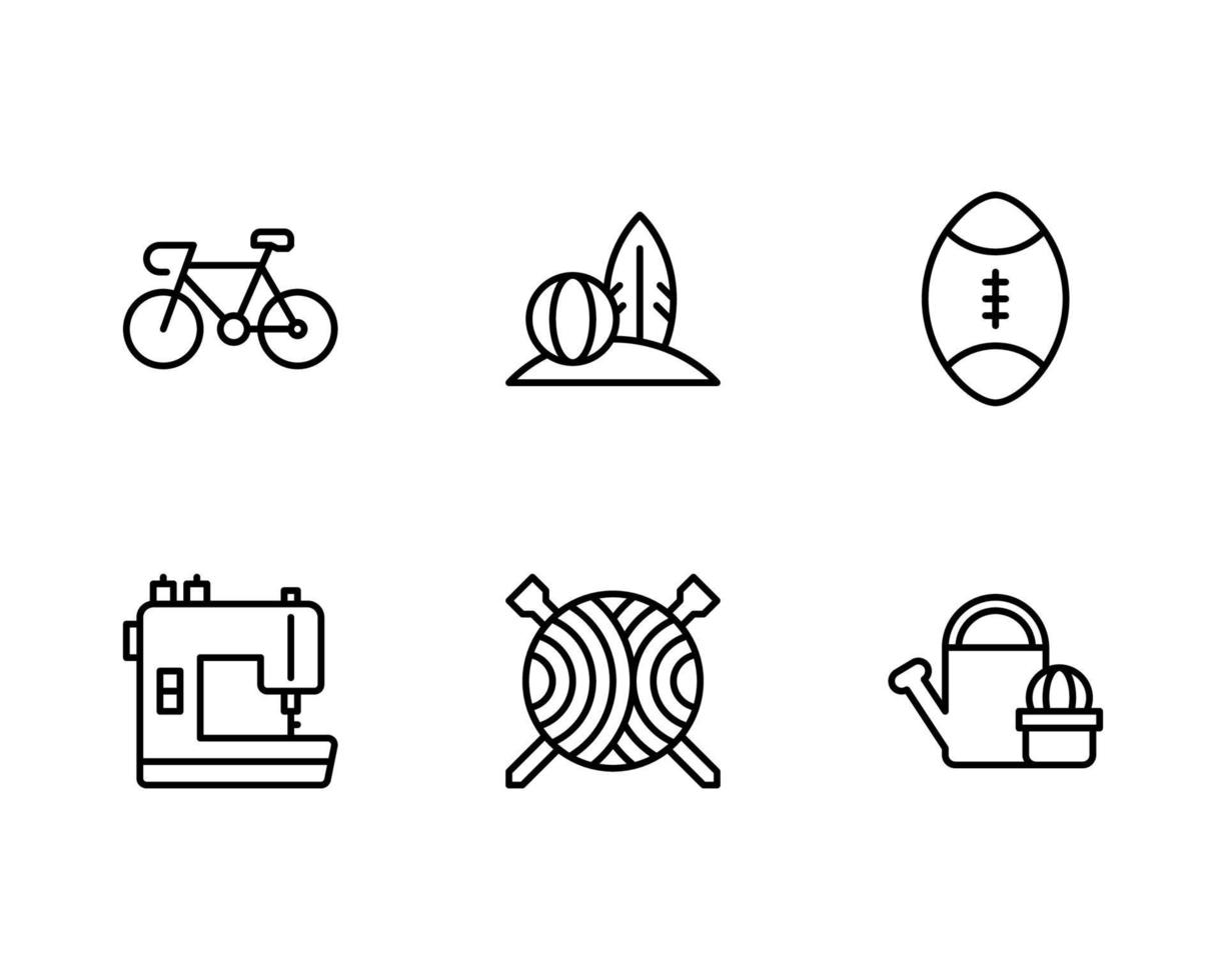 Hobby pictogrammenset met fiets, surfplank, volleybal, voetbal, naaimachine, pictogram breien en tuinieren vector