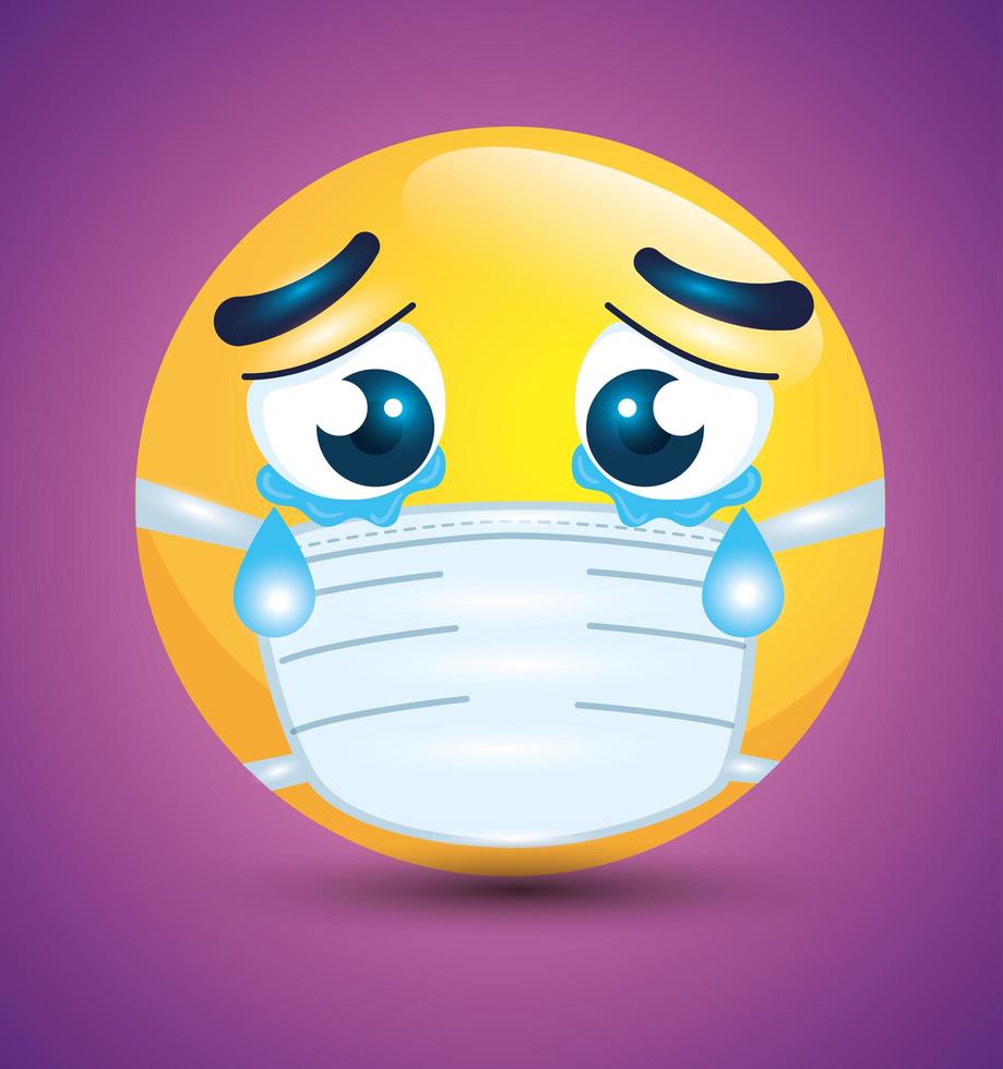 huilende emoji met een gezichtsmasker vector