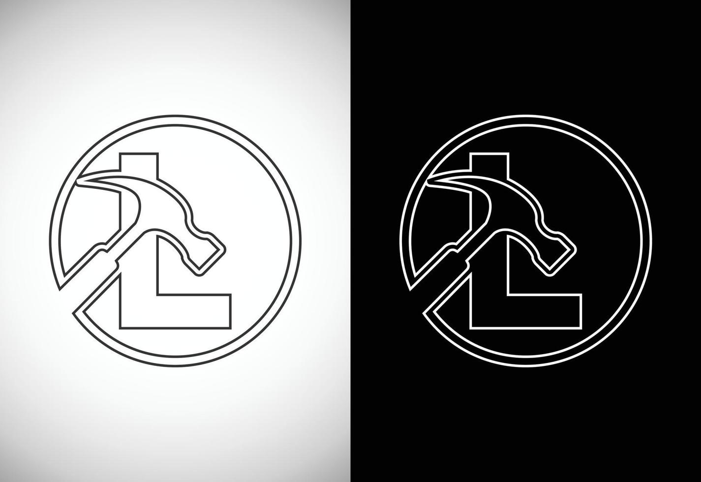 eerste l brief alfabet met een hamer. reparatie, vernieuwing, en bouw logo. lijn kunst stijl logo vector