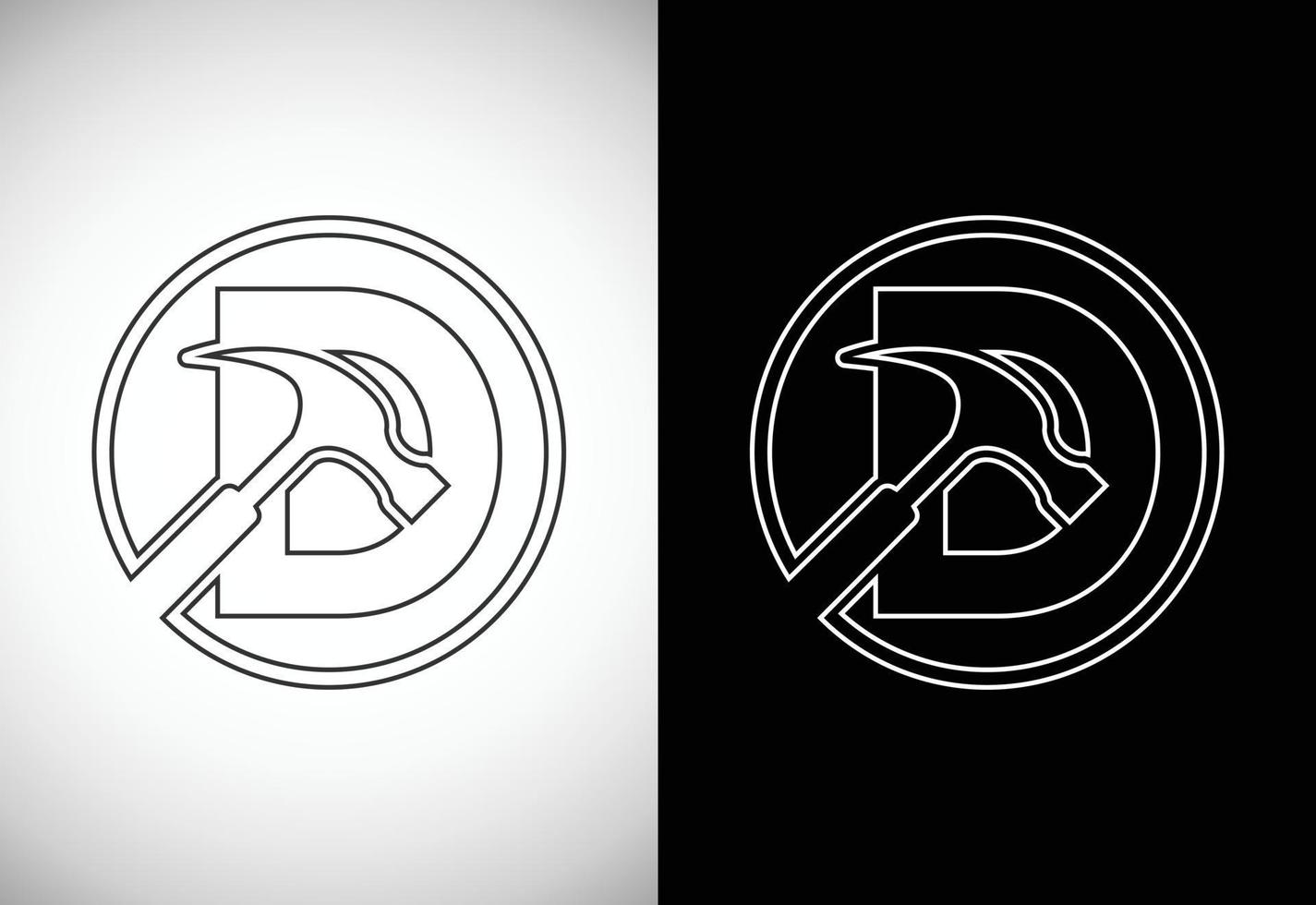 eerste d brief alfabet met een hamer. reparatie, vernieuwing, en bouw logo. lijn kunst stijl logo vector