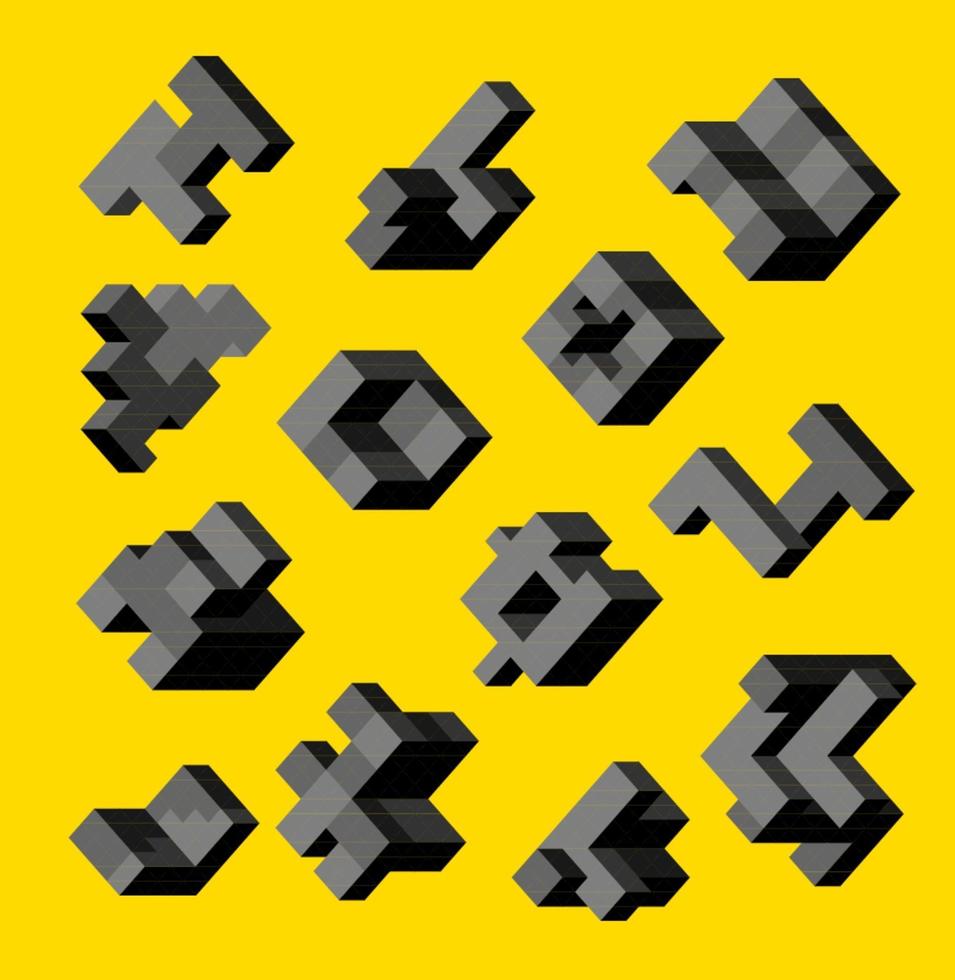isometrische abstracte geometrische ontwerpelementen met gekleurde delen op een gele achtergrond vector