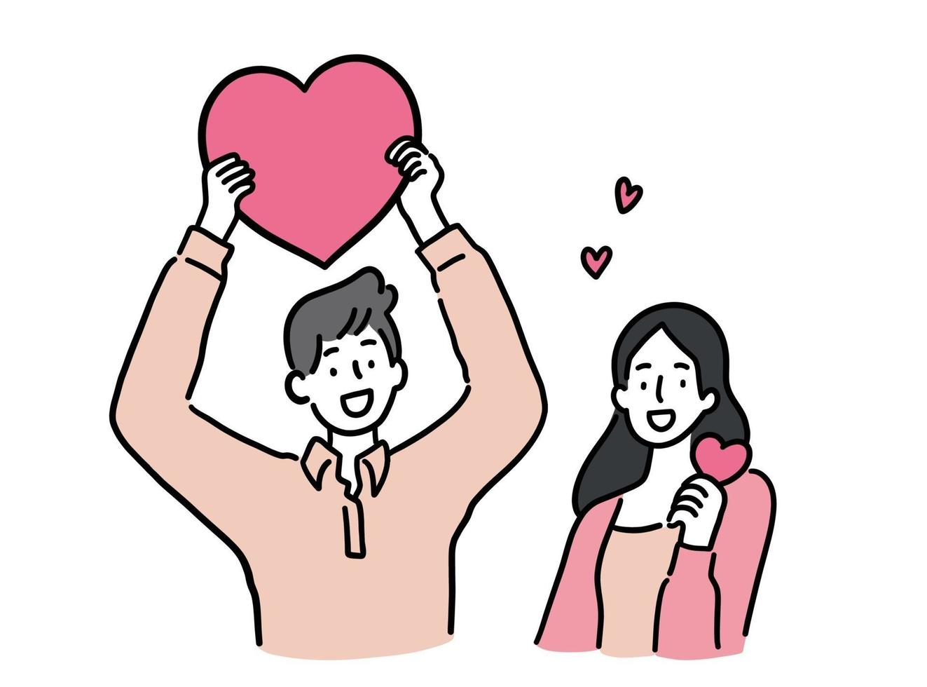 man en vrouw met hart, leuk paar concept, handgetekende stijl vectorillustratie. vector