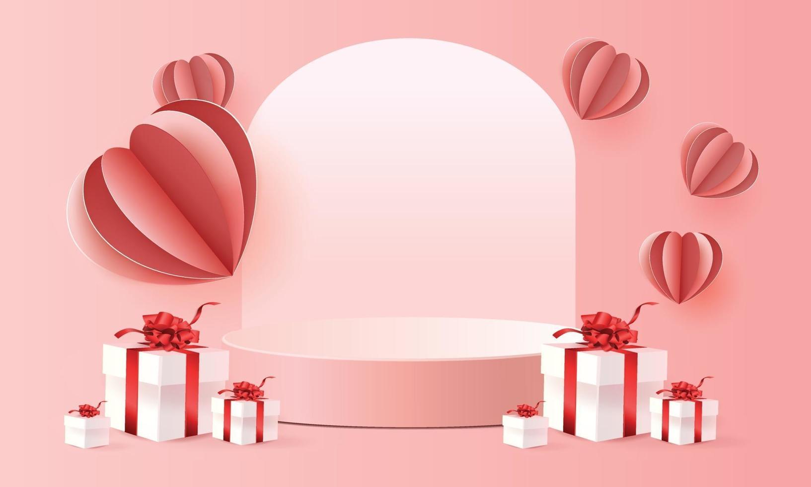 3d achtergrond van het podium rode product voor valentijnskaart. Roze en hart liefde romantiek conceptontwerp vector illustation decoratie banner