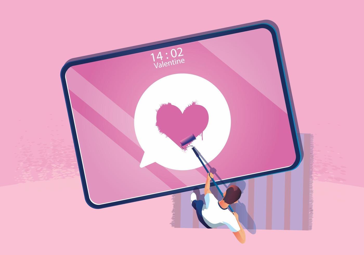 een man schildert hartsymbool op het scherm tablet Valentijnsdag concept, website of mobiele telefoon applicatie en digitale marketing. de bericht promotie smartphone, bovenaanzicht vector plat ontwerp