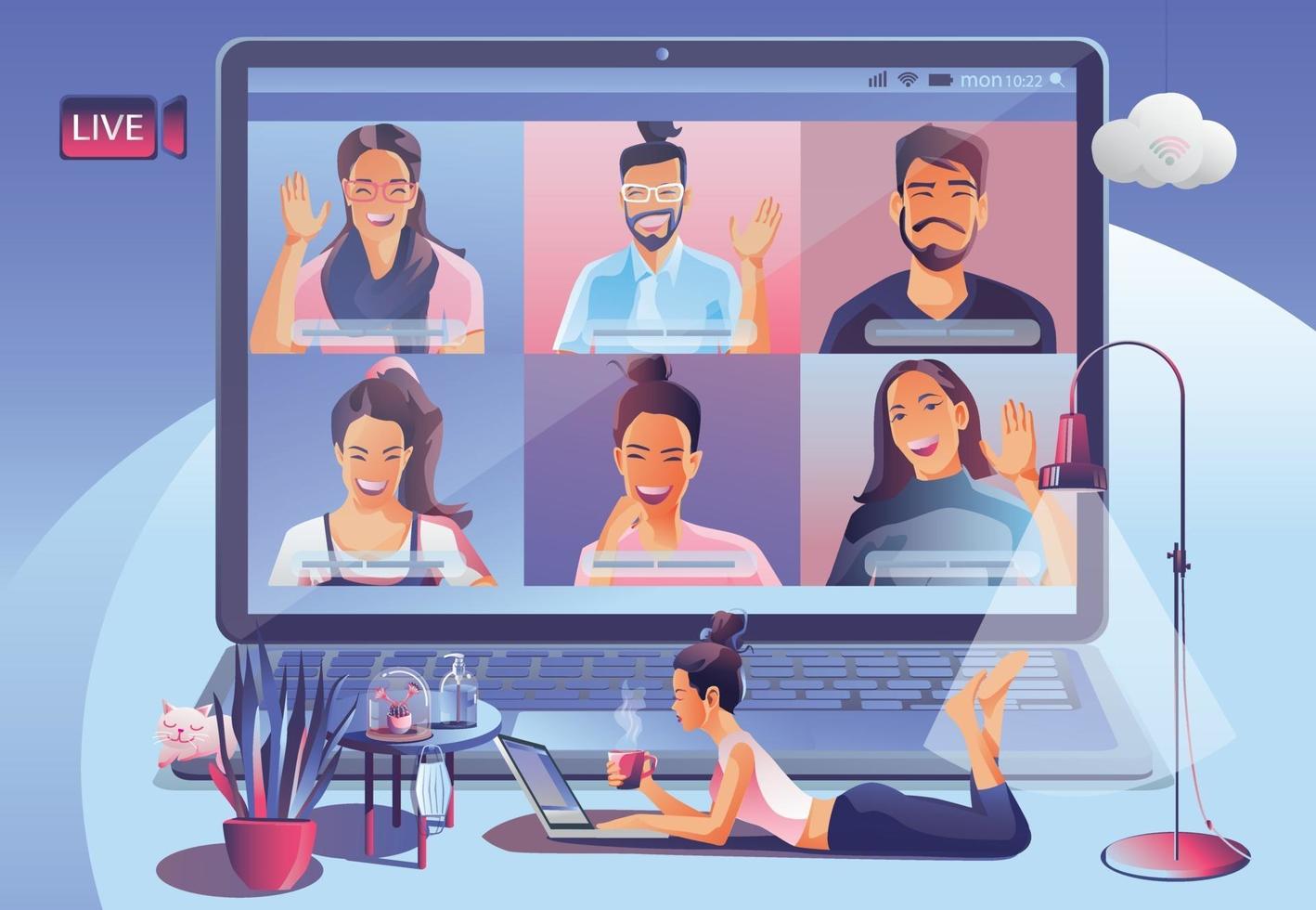 landing van videoconferentie. mensen op computerscherm nemen met collega's. videoconferenties en online vergadering werkruimte vector pagina man en vrouw. self-quarantine om covid -19 vector te voorkomen