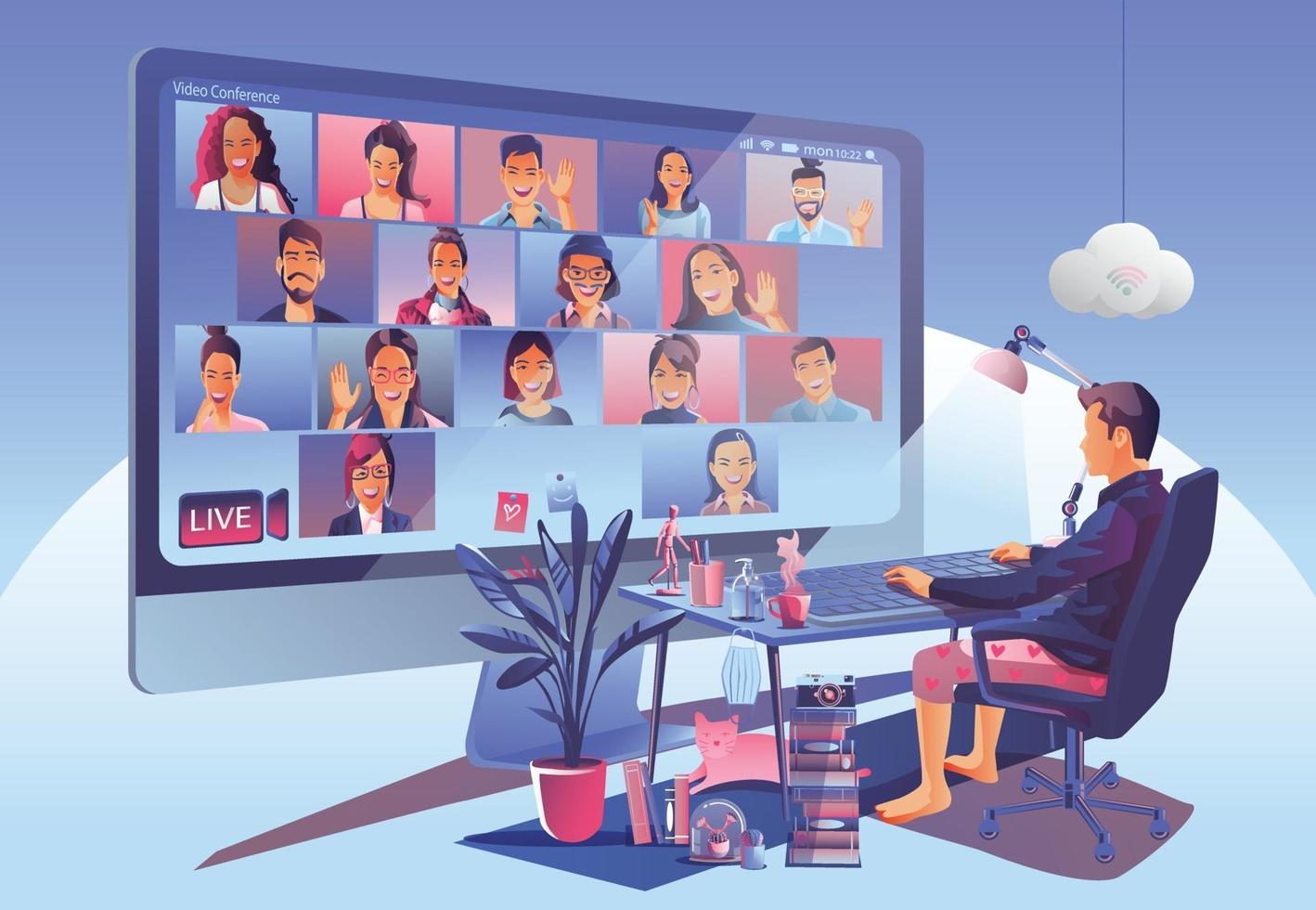 landing van videoconferentie. mensen op computerscherm nemen met collega's. videoconferenties en online vergadering werkruimte vector pagina man en vrouw. self-quarantine om covid -19 vector te voorkomen