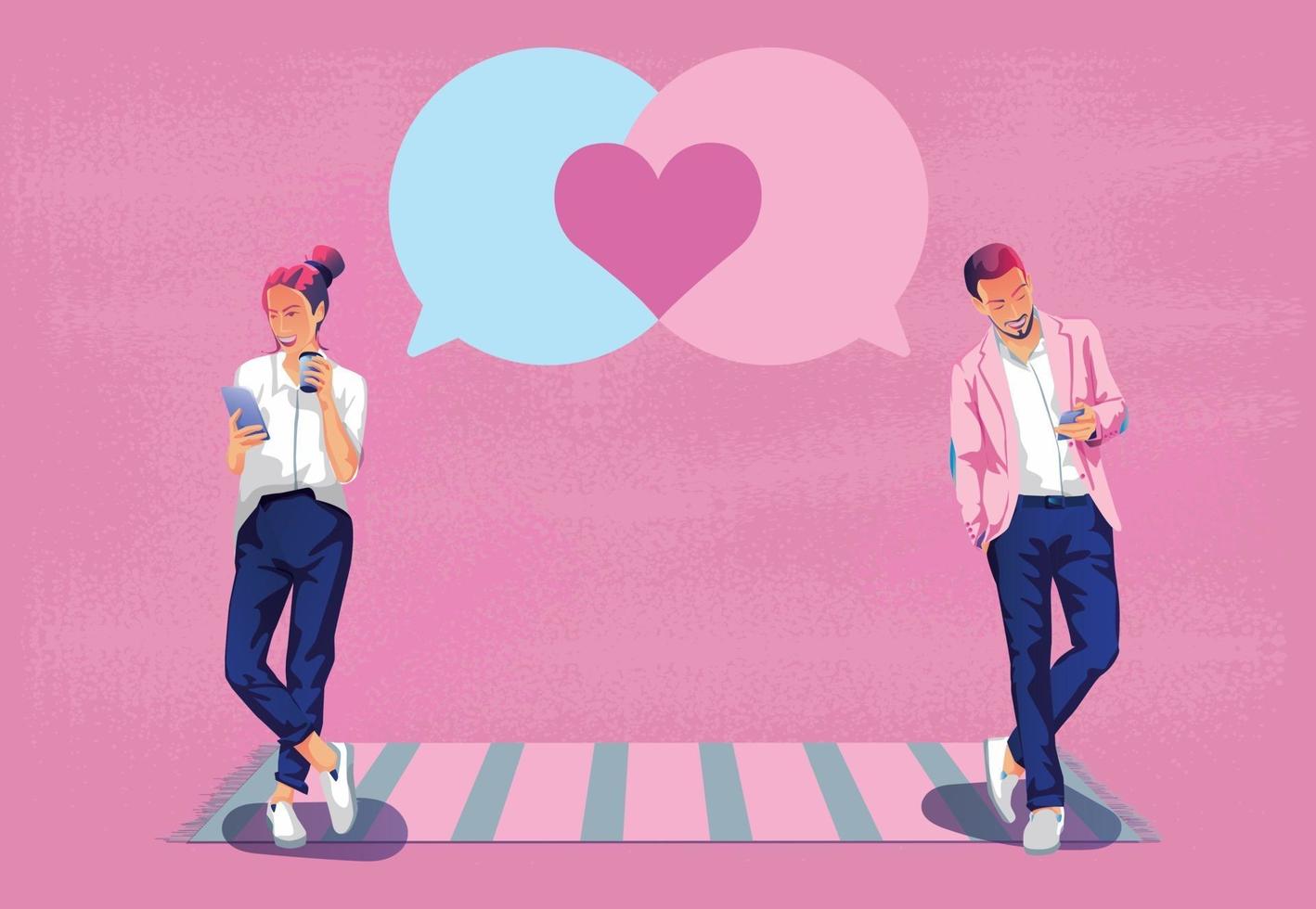 jong stel verzendt liefdesberichten hartvormige Valentijnsdag deze romantische en schattige roze toon ziet er goed uit om liefde te zeggen, gebruik smartphone of apparaatscherm vector platte ontwerp illustratie.