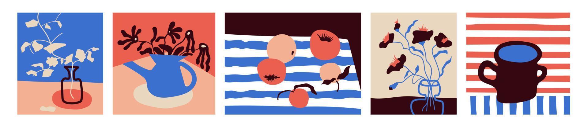 boeketten van bloemen, nog steeds levens met fruit en bloemen in vazen. tekening stijl. kleurrijk illustraties van bloemen, fruit en nog steeds levens. modern interieur schilderen. hand- getrokken vector illustratie.