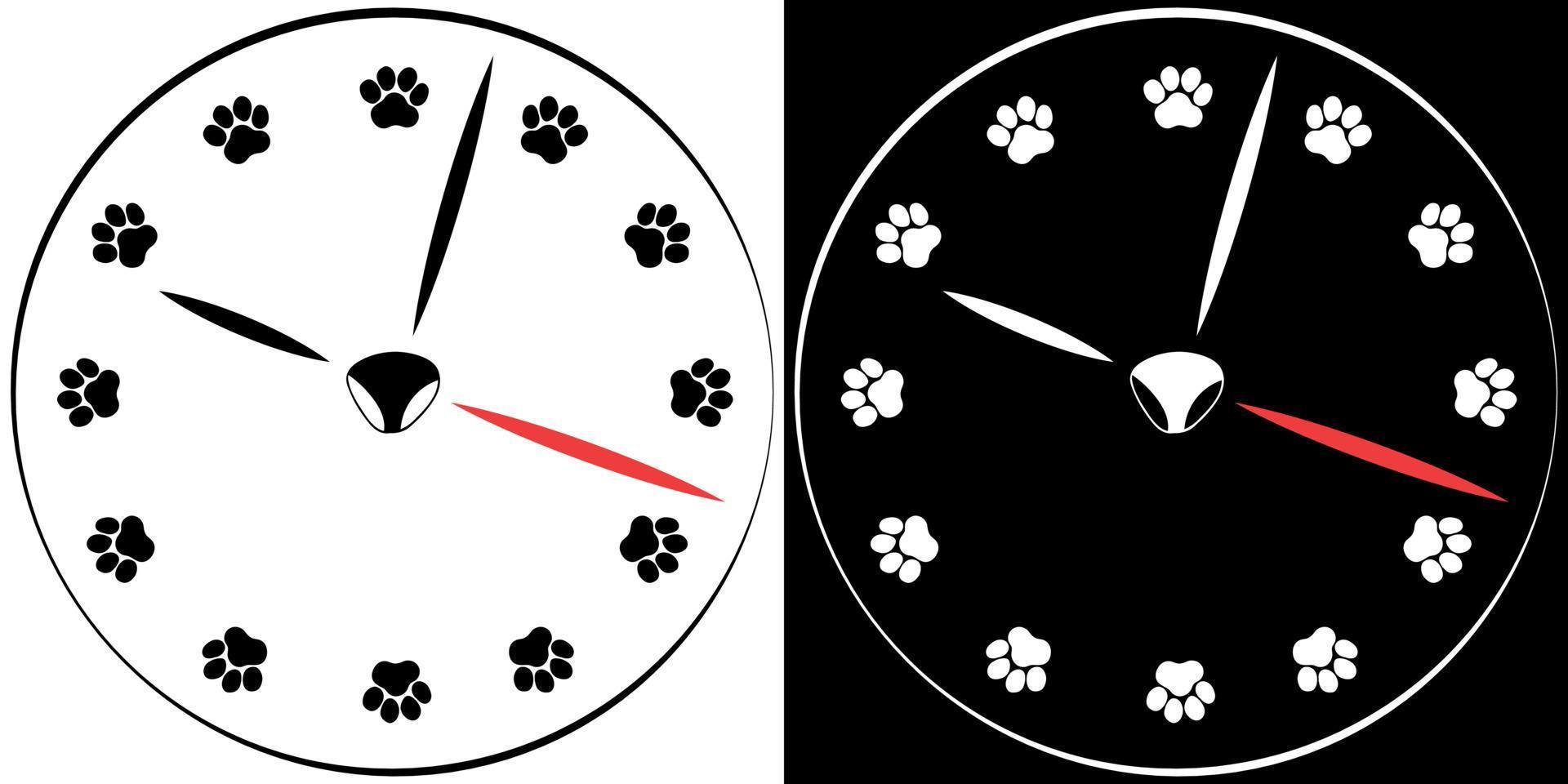 klok illustratie met poot prints in plaats daarvan van nummers. wijzerplaat gemaakt van huisdier poot afdrukken. zwart en wit illustratie. vector