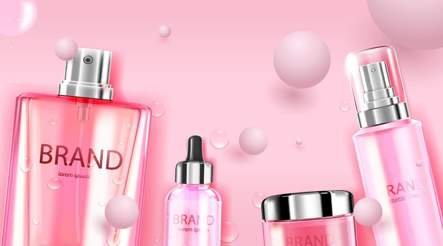 luxe cosmetische fles pakket huidverzorgingscrème, schoonheid cosmetische product poster, met roze ballen op roze kleur achtergrond vector