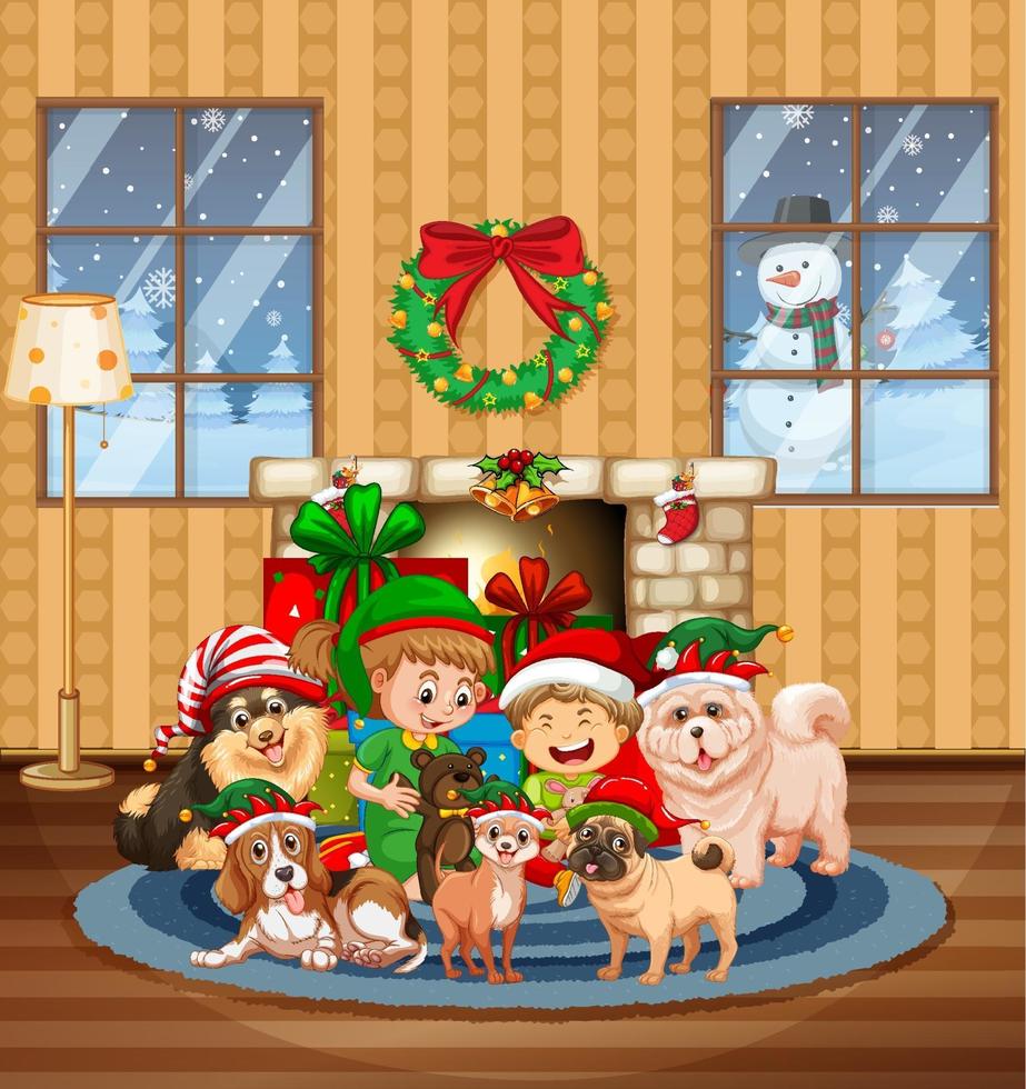 kerst binnenscène met veel kinderen en schattige honden vector