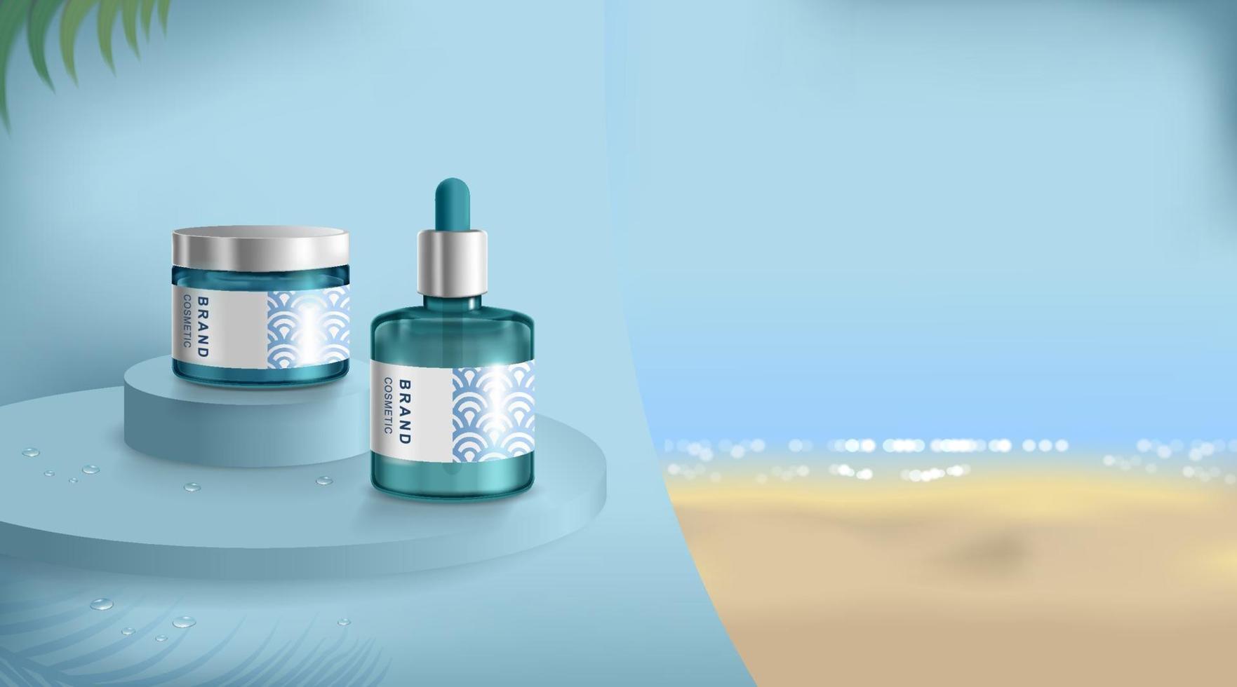 reclame voor zonnebrandcrème en -spray. cosmetische buis en realistische fles op strand en zee. branding en verpakking ontwerpsjabloon. vector illustratie