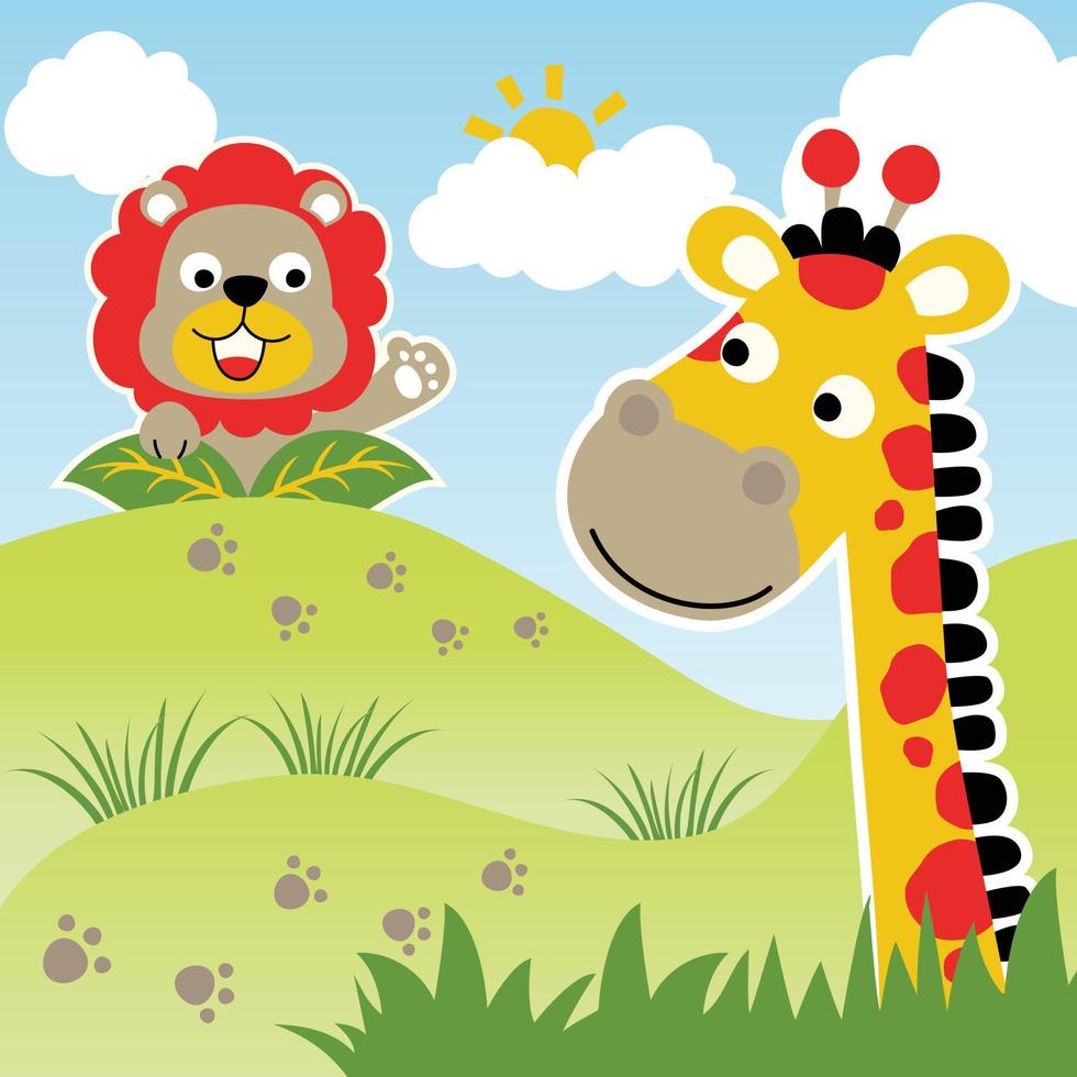 grappig giraffe en leeuw spelen verbergen en zoeken, vector tekenfilm illustratie