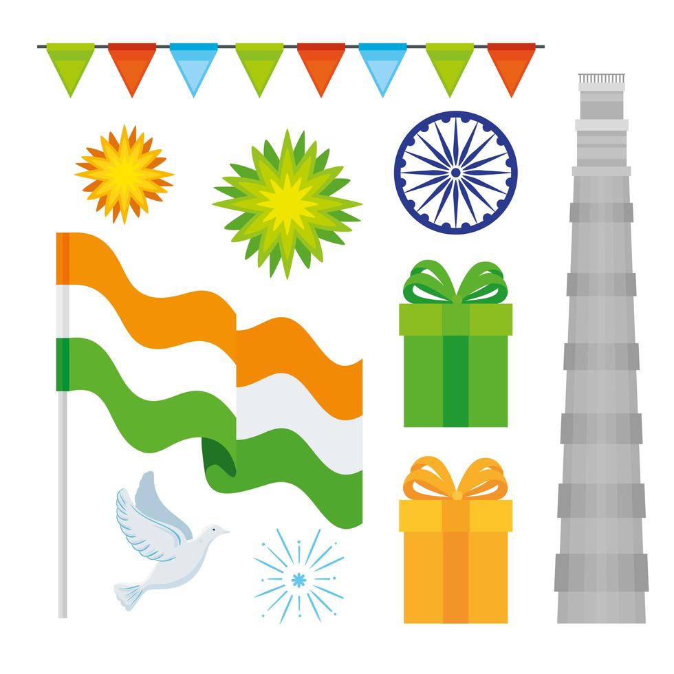 onafhankelijkheidsdag india, 15 augustus, pictogrammen traditioneel instellen vector