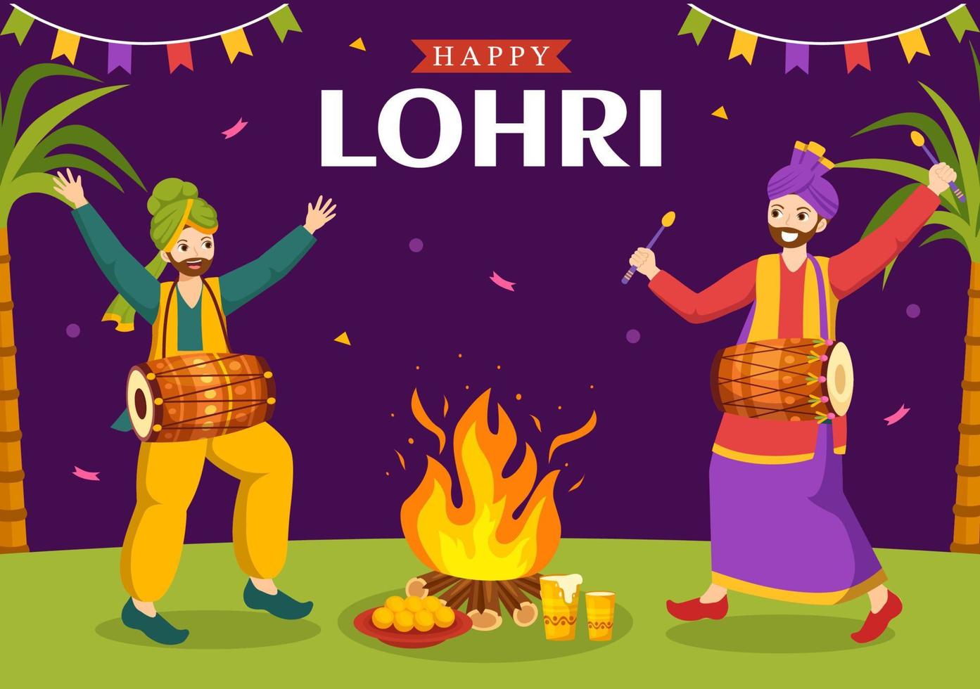 gelukkig lohri festival van Punjab Indië illustratie met spelen dans en viering vreugdevuur in vlak tekenfilm hand- getrokken voor landen bladzijde Sjablonen vector