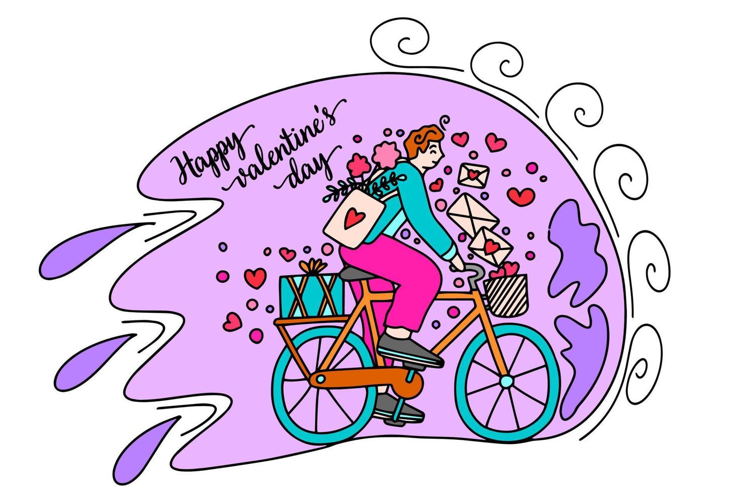 een fietser levert liefde brieven en geschenken. Gefeliciteerd Aan Valentijnsdag dag en maart 8e. deze is een vector afbeelding in de stijl van een grappig boek