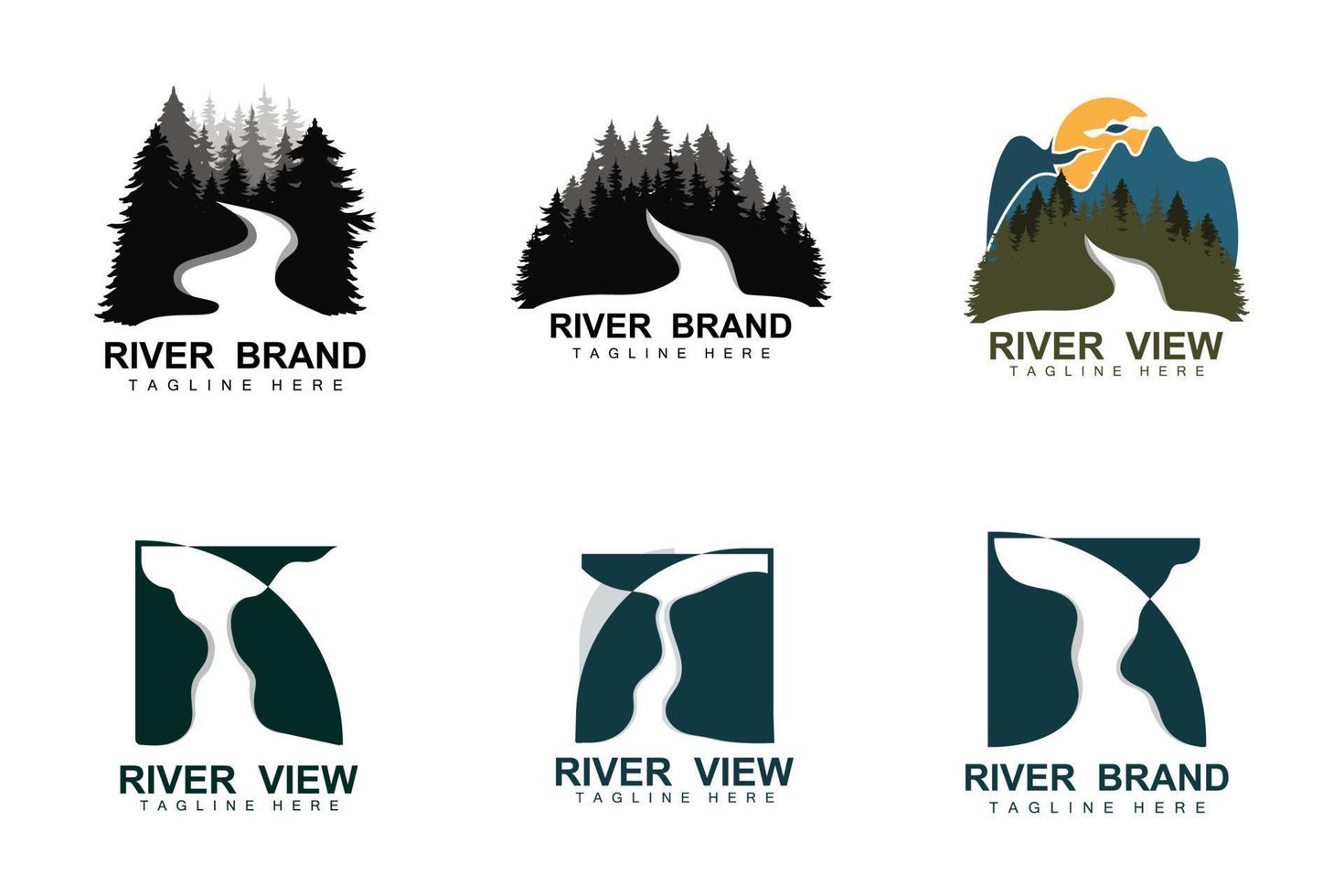 rivier- logo ontwerp, rivier- kreek vector, rivieroever illustratie met een combinatie van bergen en natuur, Product merk vector