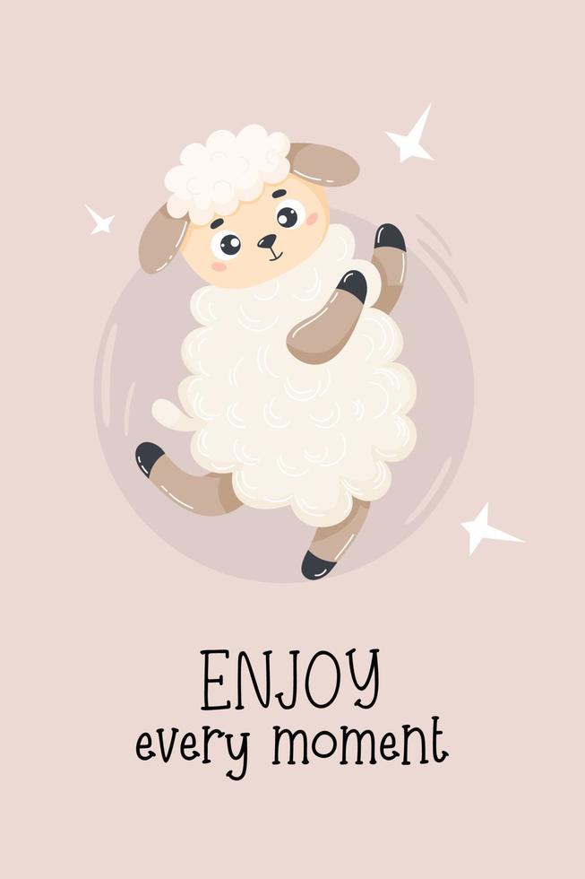 schattig dier. grappig dansen schapen. vector illustratie in tekenfilm vlak stijl. motiverende ansichtkaart met opschrift genieten elke moment.