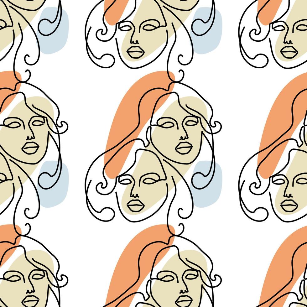 naadloos patroon met illustratie vrouw gezicht in een lijn kunst stijl Aan een wit achtergrond vector