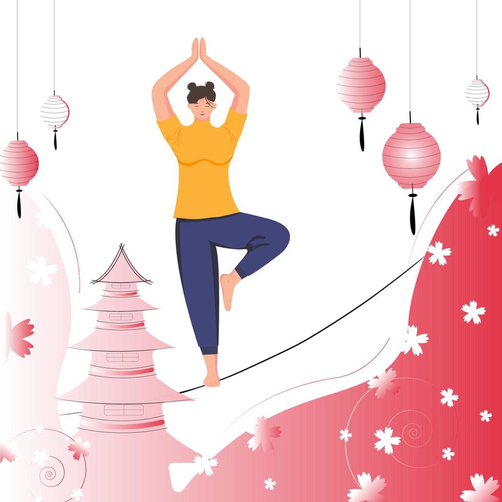 vector illustratie. Chinese vrouw aan het doen slackline yoga. sport- vrouw demonstreert yoga positie. achtergrond abstractie