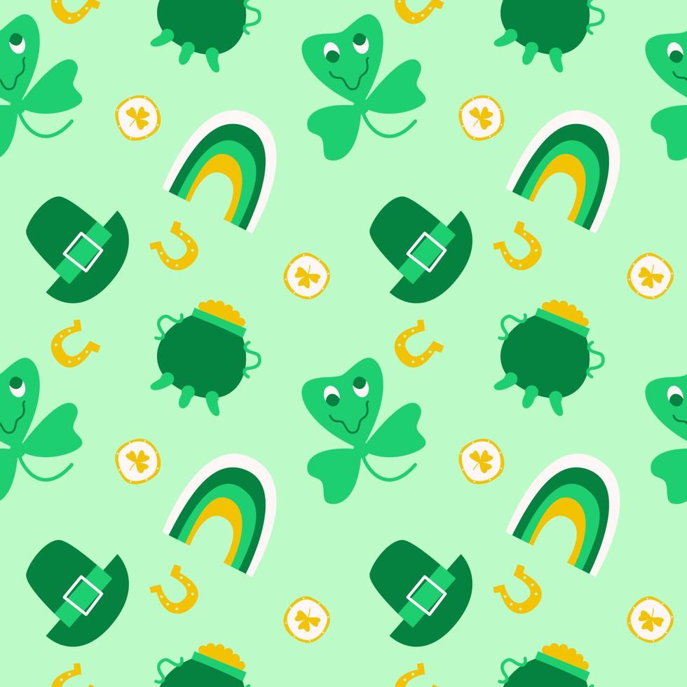 st Patrick dag naadloos tekening patroon. viering van Iers vakantie, elf van Ierse folklore Klaver, goud hoefijzer, regenboog enz. achtergrond voor inpakken, textiel, kleding. modieus y2k retro hippie afdrukken. vector