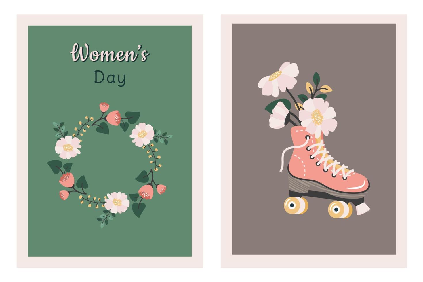 vrouwen dag poster met bloemen, rol schaatsen, bloemen lauwerkrans. reeks van vrouwen dag kaart, maart 8, verjaardag, moeder dag. voorjaar achtergrond. vector hand- getrokken vlak illustratie voor web, afdrukken, vakantie