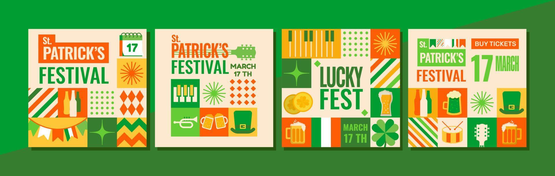 reeks van 4 festival Sjablonen voor st. Patrick dag. helder, modern, heel groen ontwerpen in mozaïek- stijl. perfect voor een uitnodiging of net zo een advertentie voor een festival of feest. vector